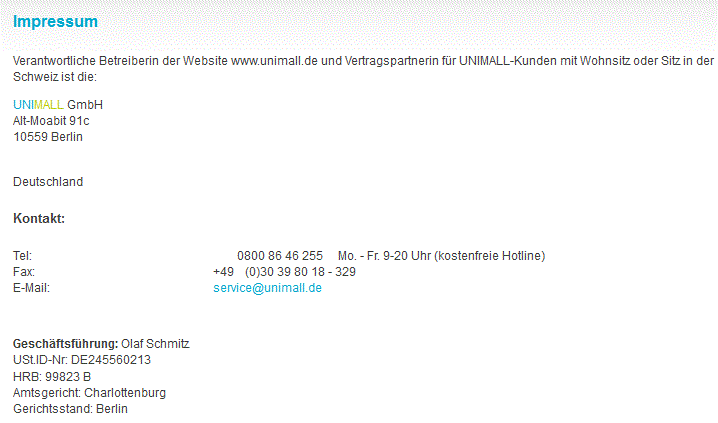 Unimall Impressum